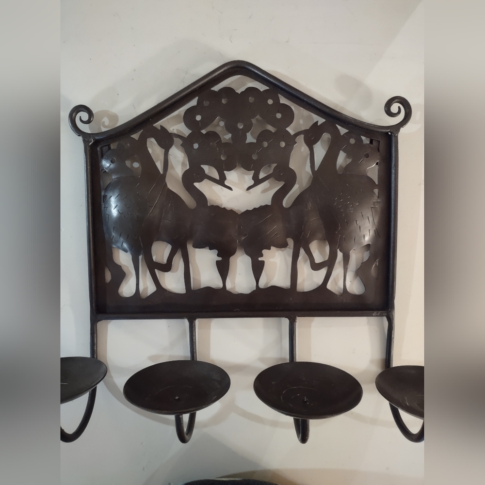 Vintage Metal Art Iron Wall Mount Candle Holder Figural Herons Cranes Flowers - Picture 6 of 9